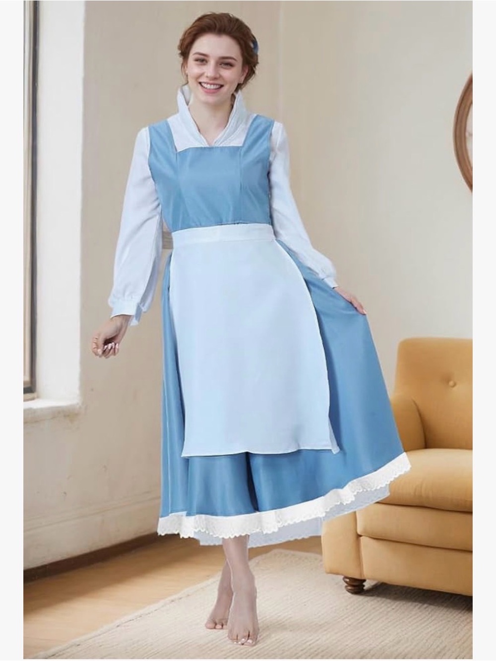 Belle costume Light Blue Vintage-Style Apron Dress with White Accents